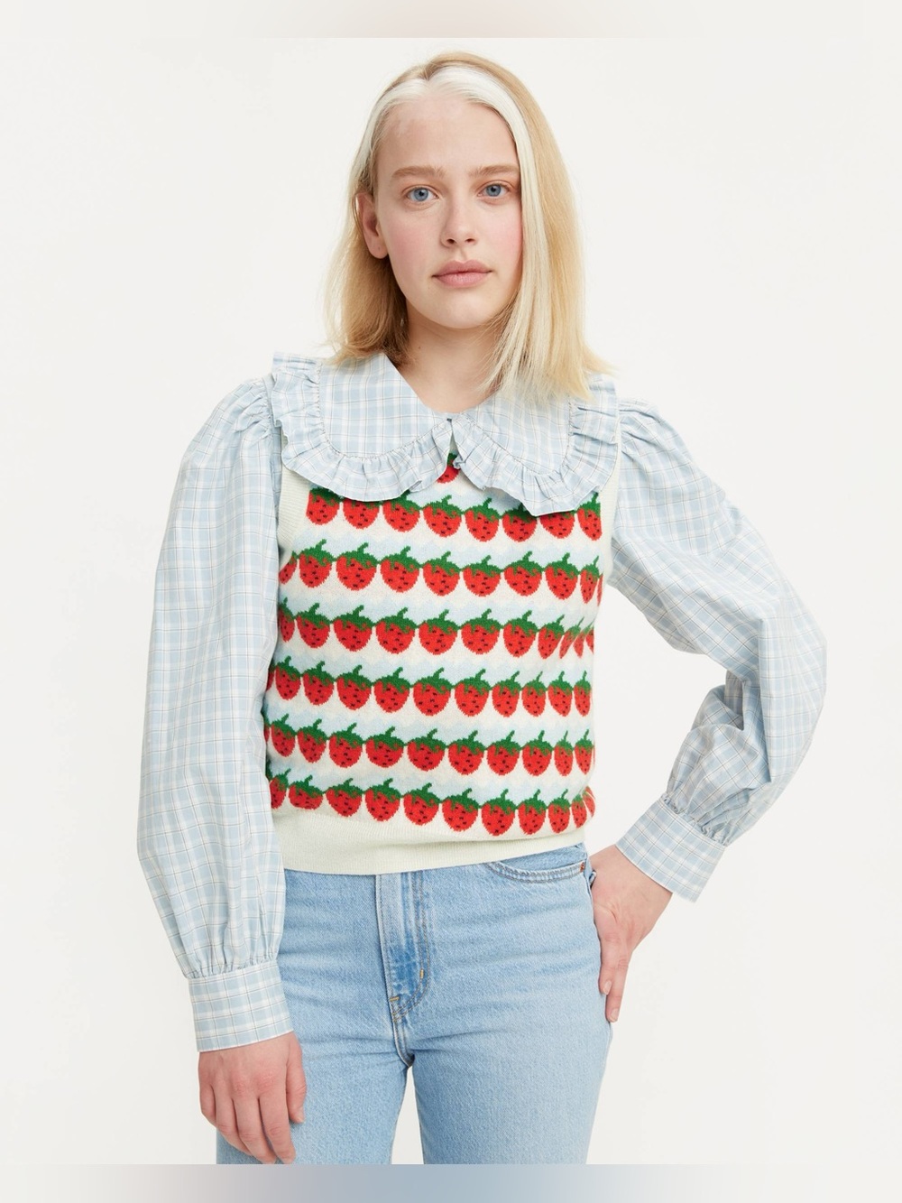 Levi's Sweater Vest Strawberry Cloud Dancer Print LARGE Wool Blend Retro Vintage